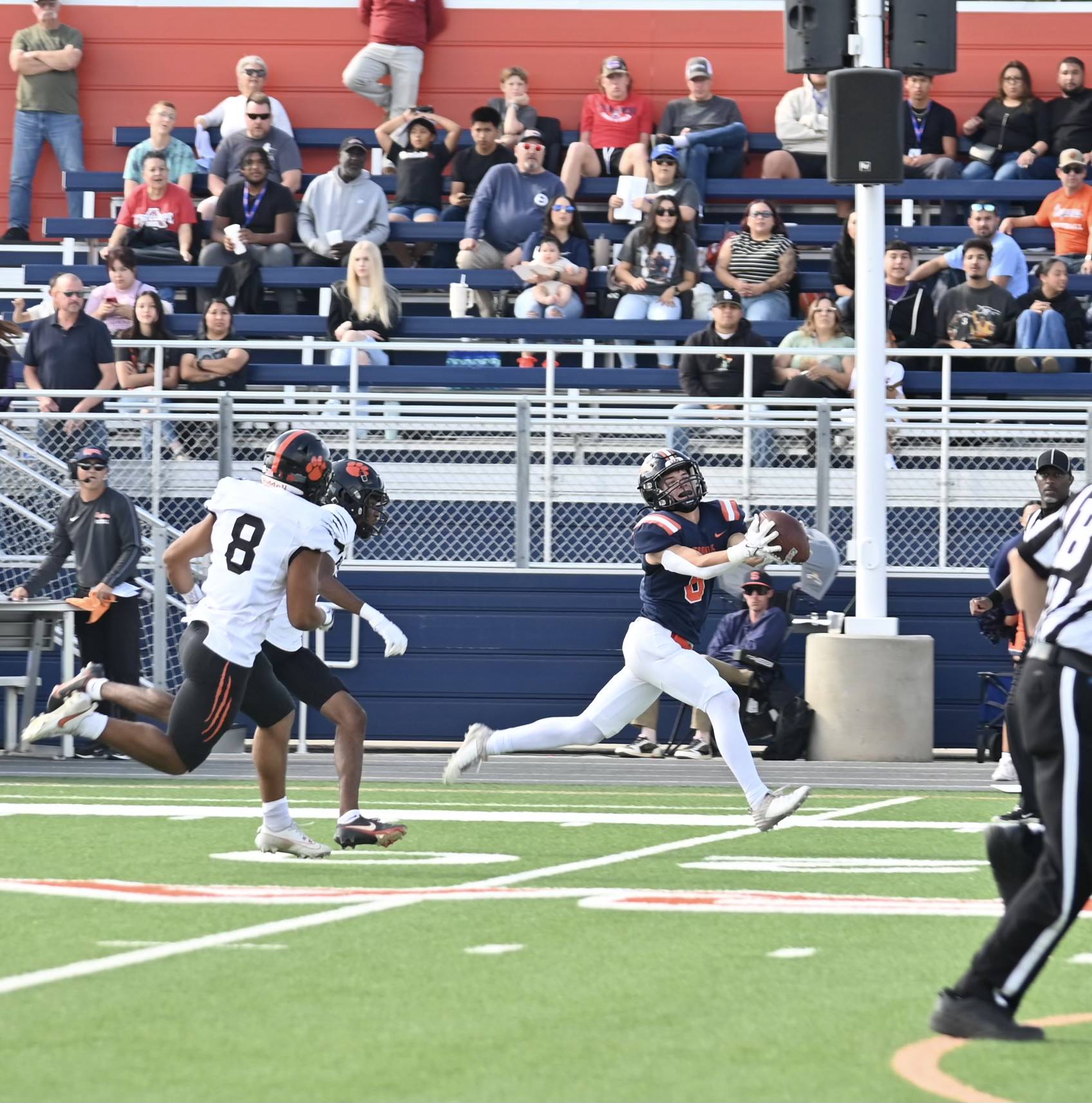 College of the Sequoias' Gage Armbruster (6) receiving a pass in the game versus Reedley College on Saturday, November 2, 2024. (Photo Credit: Norma Foster / COS Athletics)