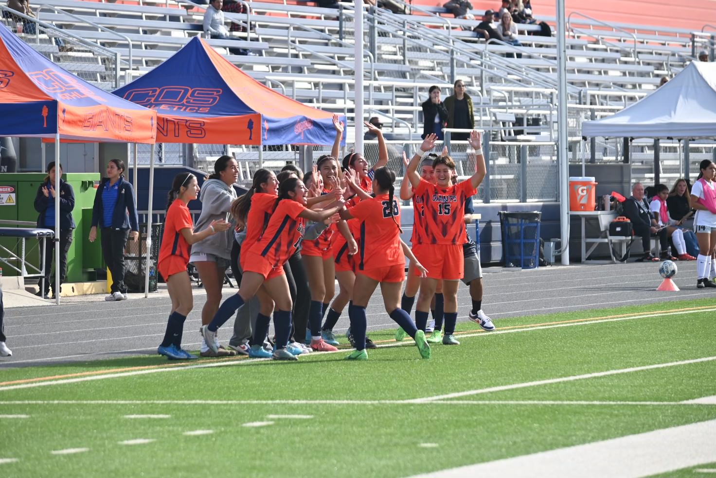 College of the Sequoias' Morgan Escobar (28) celebrating with her team after her goal versus Reedley College on Tuesday, November 5, 2024. (Photo Credit: Norma Foster / COS Athletics)